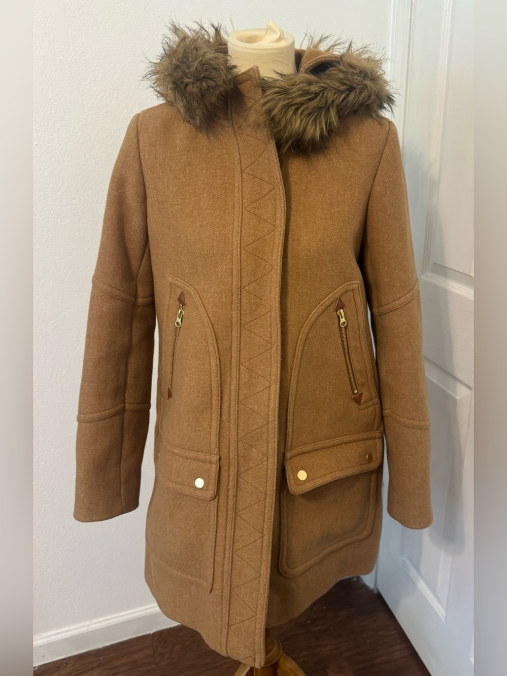 J.Crew Chateau Parka Italian Stadium Cloth Wool Coat A Line Luxe Fur Trim Sz 10